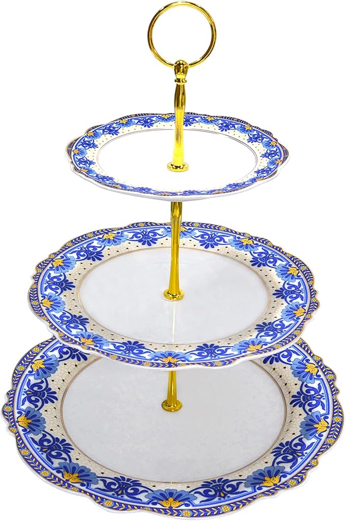 ACMLIFE 3 Tier Cupcake Stands for Dessert Table, Vintage Floral Round Cupcake Stand, Bone China Cake and Cupcake Stand for Party, Birthday, Weddings, Blue