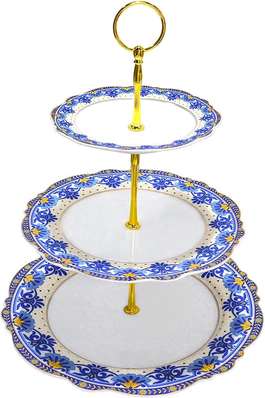 ACMLIFE 3 Tier Cupcake Stands for Dessert Table, Vintage Floral Round Cupcake Stand, Bone China Cake and Cupcake Stand for Party, Birthday, Weddings, Blue