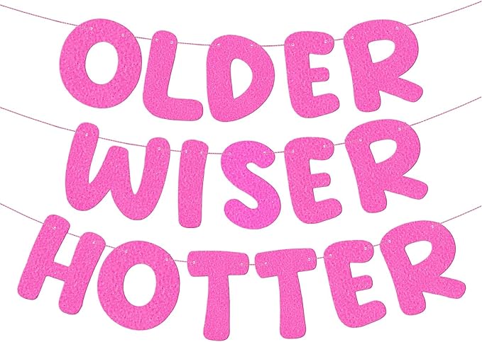 Fulmoon Set of 3 Pre Strung Older Wiser Hotter Glitter Banner Funny Birthday Banner for Women 30th 40th 50th 60th 70th 80th Birthday Party Decorations Sign Gift(Light Pink)