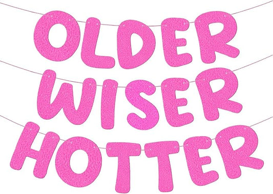 Fulmoon Set of 3 Pre Strung Older Wiser Hotter Glitter Banner Funny Birthday Banner for Women 30th 40th 50th 60th 70th 80th Birthday Party Decorations Sign Gift(Light Pink)