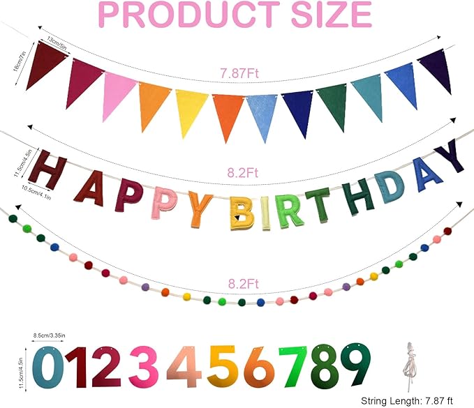 Happy Birthday Banner Pre Strung Felt Decorations Reusable Party Garland Set Rainbow Birthday Supplies With Ball Garland And Pennant Flag For Girls Boys Women Men Photo Prop Room Decor Rainbow