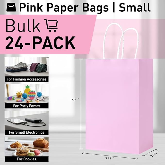 SUNCOLOR 24-Pack Pink Gift Bags with Handles, Small Kraft Paper Goodie Bags, Includes Tissue Paper for Baby Showers, Birthdays, Bridal Showers, 7.9x5.12x3.15 Inches