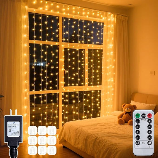 200 LED Curtain String Lights 9.8 * 6.6FT Plug in Fairy with Timer and 8 Modes, Waterproof Window Wall for Bedroom Wedding Party Indoor Outdoor Christmas Decor