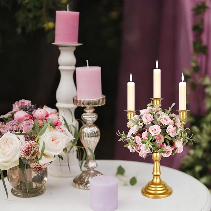 8 Pcs Gold Candelabra 12 Inch 3 Arm Metal Candle Stand Wedding Candlestick Holder for Table Centerpieces Wedding Birthday Holiday Theme Party
