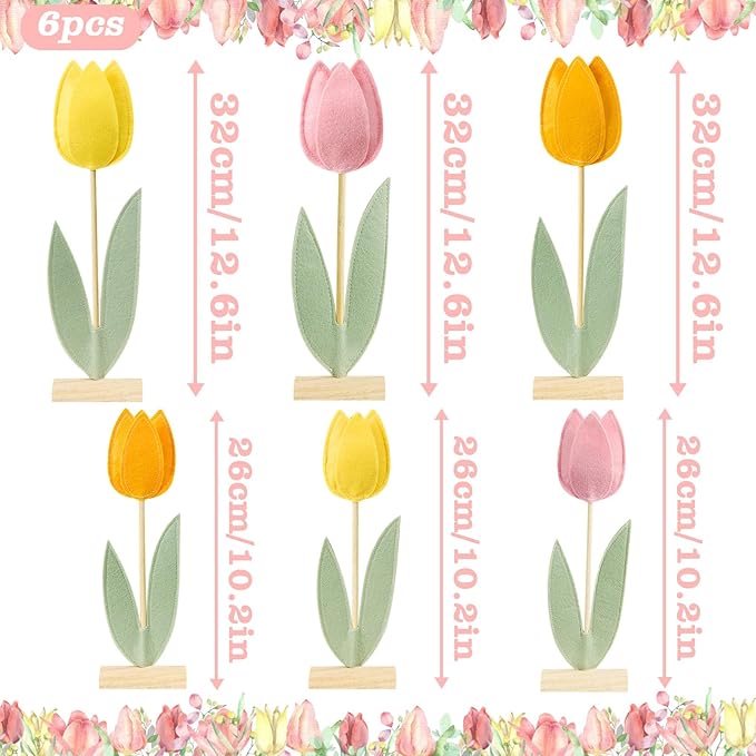 SUNBEAUTY 6Pcs Spring Tulips Flower Table Decoration Tulip Felt Centerpiece Pink Yellow Orange Tulips Mothers Day Table Decorations Tabletop Signs for Easter Garden Home Party Mothers Day Decor