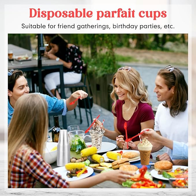 Baderke 100 Sets Plastic Parfait Cups with Red Plastic Soda Spoons and Paper Straws Disposable Root Beer Float Cups Clear Milkshake Mugs for Ice Cream Sundae Yogurt Party Drinks (12oz)