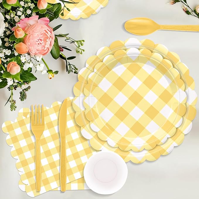 175 Pcs Yellow Scalloped Gingham Party Supplies for 25 Guests, Yellow and White Checkered Paper Plates, Cups and Napkins Sets for Baby & Bridal Shower, Wedding, Birthday Party, Outdoor Picnic
