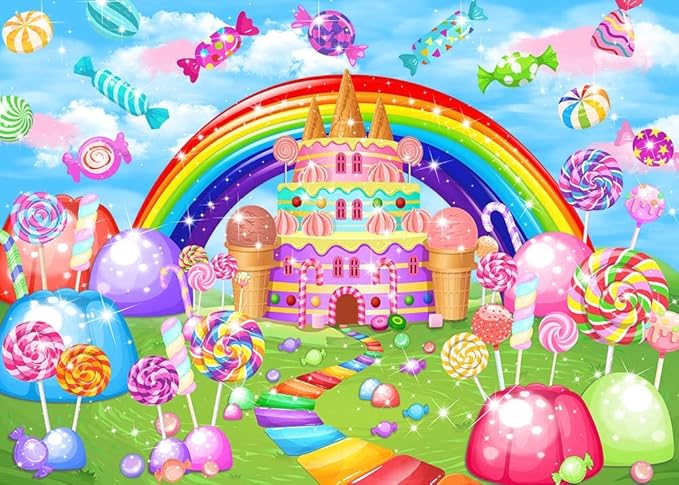 Mocsicka Sweet Candyland Backdrop Lollipop Sweetest Candy Theme Birthday Party Decoration for Girl Candy Ice Cream Castle Rainbow Party Banner Sweetest Day Wall Decorations(72''x48'')