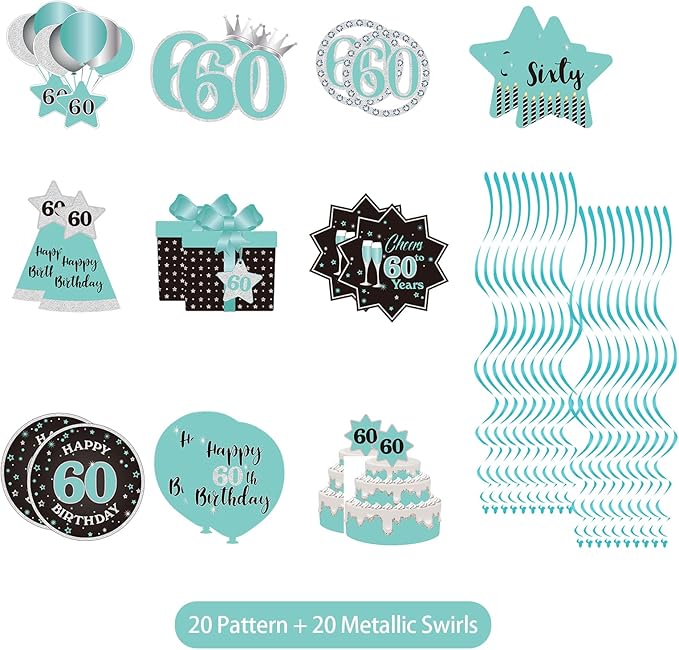 Happy 60th Birthday Party Hanging Swirls Streams Ceiling Decorations, Celebration 60 Foil Hanging Swirls with Cutouts for 60 Years Teal Silver Black Blue Birthday Party Decorations Supplies