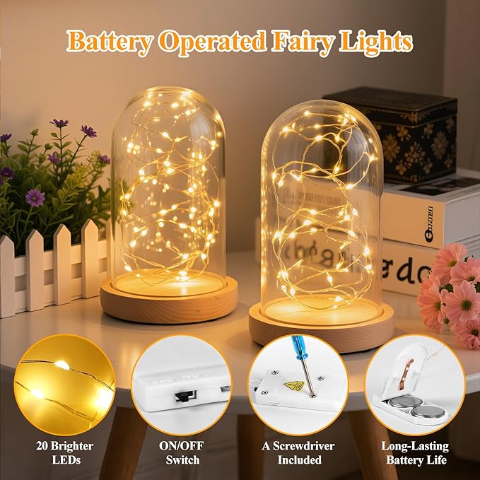 Lakumu 24-Pack Fairy Lights, 7FT 20 LED Battery Operated Silver Wire String Lights, Waterproof Warm White Firefly Lights for Mason Jars, Bedroom, Wedding, Party, Centerpiece Table Decor