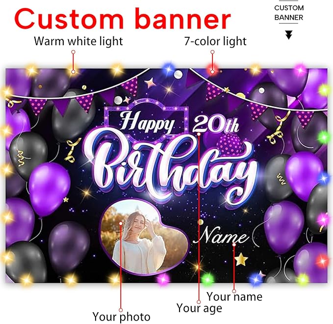 Custom Purple Happy Birthday Decorations Banner, Personalization Purple Happy Birthday Sign Birthday Party Supplies Photo Backdrop with Rose for Birthday Party Favor for Women Girl