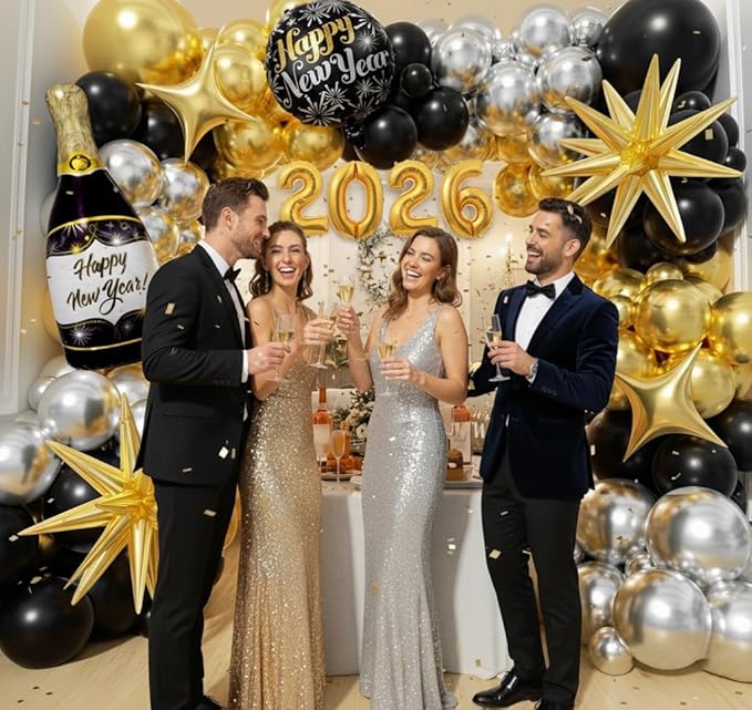 Black and Gold Silver Balloons Garland Arch Kit - Different Size Balloons Gold Fringe Curtain Backdrop for Graduation Birthday Anniversary New Years Theme Party Decorations