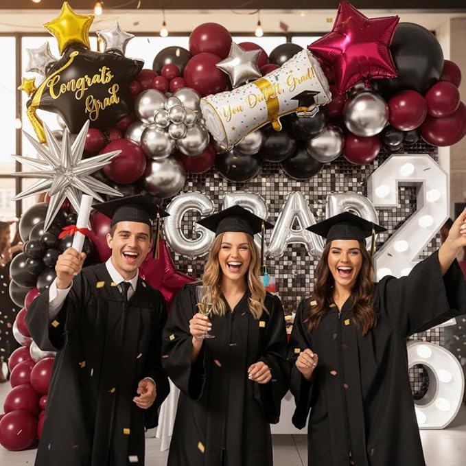 Graduation Balloons Garland Kit 153Pcs, Maroon Black Silver Balloon Arch Kit with GRAD Letters Grad Cap Diploma Balloon Burgundy Balloons Arch for Class of 2026 Graduation Birthday Party Decor