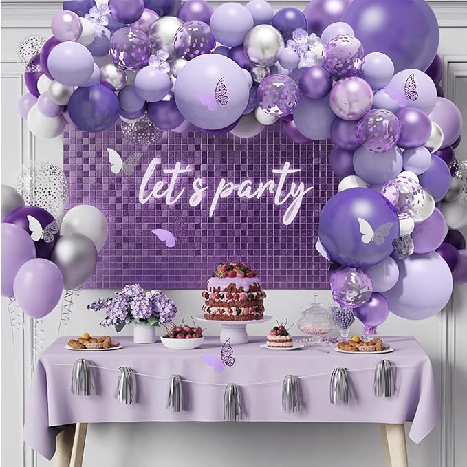 Amandir 144Pcs Purple Balloons Garland Arch Kit for Butterfly Baby Shower Decorations for Girl, 12Pcs Butterfly Stickers Lavender Purple Confetti Metallic Balloon for Birthday Wedding Party Decoration