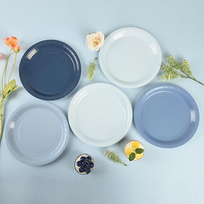 AimFun 24Pcs Dusty Blue Paper Plates Gradient Blue Party Plates 7??Disposable Round Dessert Plates for Father?™s Day Birthday Wedding Bridal Engagement Baby Shower Party Supplies