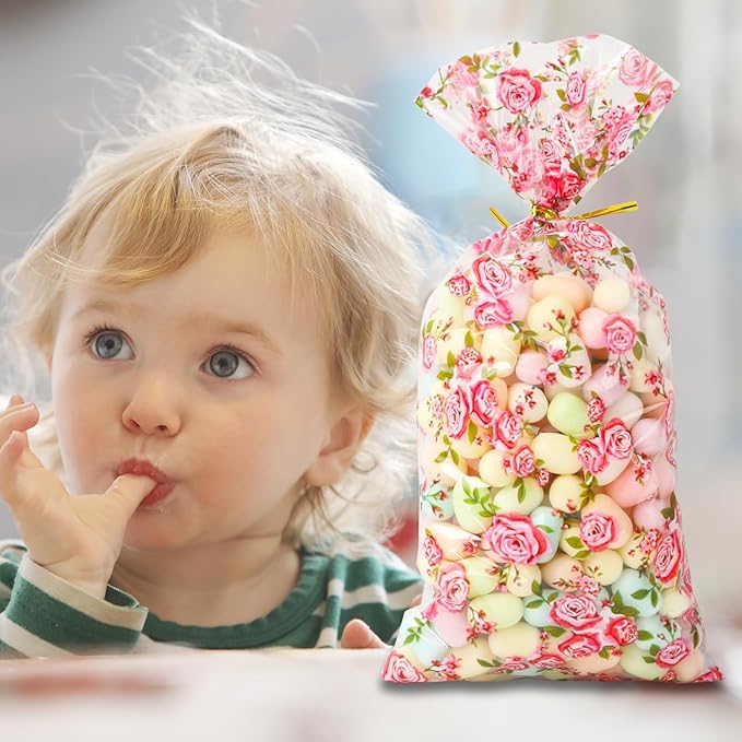 LEOSINDA 100 Pcs Floral Cellophane Bags, 5 X 11 Inches Valentine's Day Gift Bag, for Mothers Day Gift Wrapping, Wedding Bridal Shower Supplies Favors Decorations Birthday Theme Floral Graduation Decor (with 100 Ties)