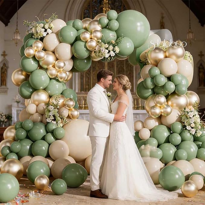 Sage Green Balloons Arch Kit 155Pcs Different Sizes of 18 10 5 Inch Latex Olive Green Sand White Metallic Gold Balloon Garland for Birthday Anniversary Wedding Party Decorations