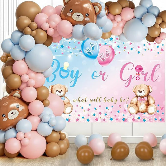 We Can Bearly Wait Baby Shower Decorations for Girl Boy, 125 Pcs Pink Blue Plastic Party Supplies - Bear Balloons,Pink Blue Brown Balloons , Backdrop for Baby Shower & Gender Reveal
