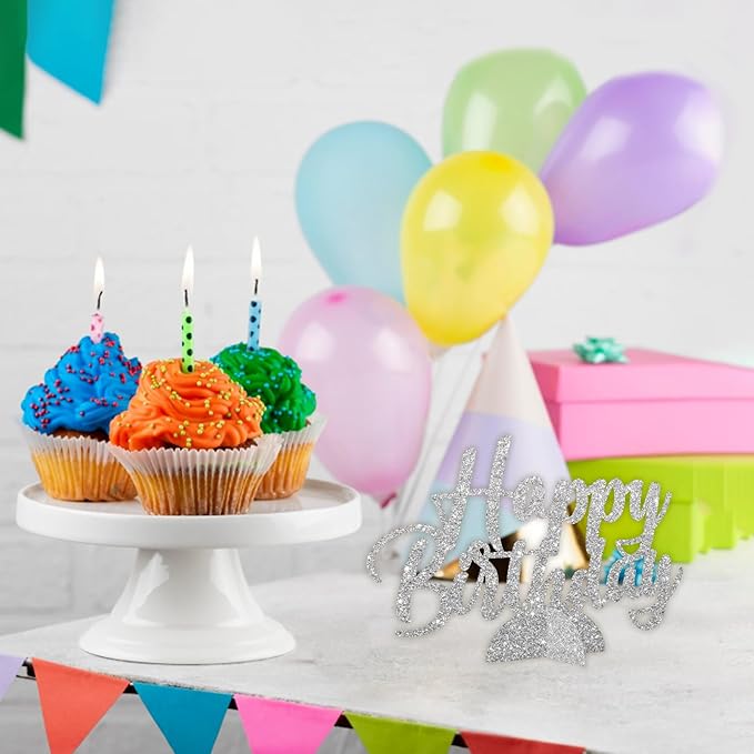 Happy Birthday Table Centerpiece, Silver Glitter Birthday Party Paper Free Standing for Women Men, HBD Script Table Centerpiece for Bday Party Supplies
