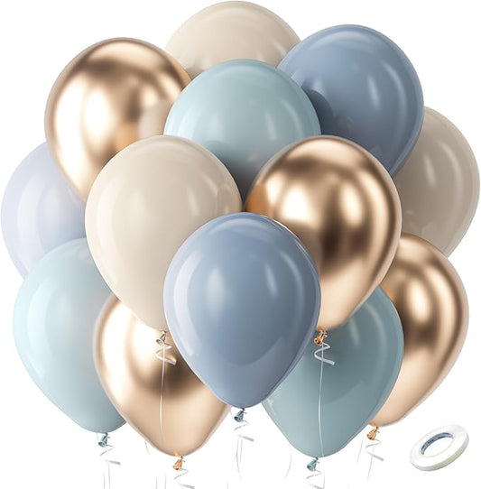 Bezente Dusty Blue Gold Balloons Kit, 60pcs 12 inch Dusty Baby Blue Sand White Champagne Gold Helium Latex Balloons for Baby Bridal Shower Gender Reveal Wedding Engagement Birthday Party Decorations