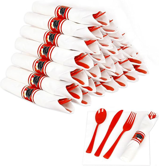 30 Pack Pre Rolled Red Plastic Silverware Set,Wrapped Plastic Cutlery Set with Napkin Include 30 Forks,30 Spoons,30 Knives and 30 White Napkins for Graduation Party