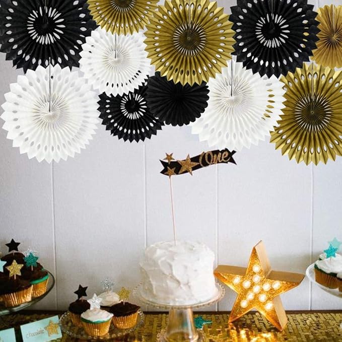 BEISHIDA Black Gold White Hanging Honeycomb Round Paper Fan Decoration Set for Christmas Halloween New Years Baby Shower Birthday Wedding Bachelorette Photo Backdrop Anniversary Party Supplies（11pack）
