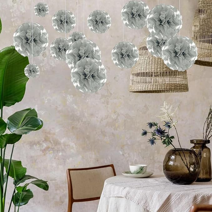 20 PCS Silver Tissue Paper Pom Poms, Tissue Pom Poms Flowers, Sizes of 6", 10", 12", 14" Hanging Paper Flower Ball for Wedding, Birthday, Halloween, Christmas, Baby Shower Party Decor