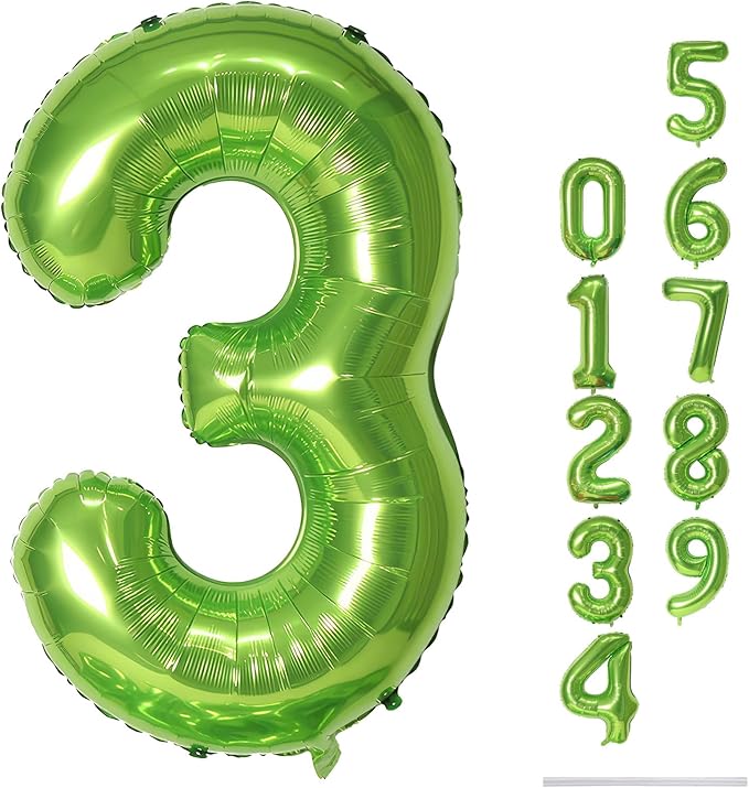 40 Inch Green Large Numbers Balloons 3, Self Inflating Digit 3 Helium Balloons for 3rd Boys Girls, Foil Mylar Big Number Balloons 0-9 for Women Men Birthday Party Anniversary Supplies Decorations