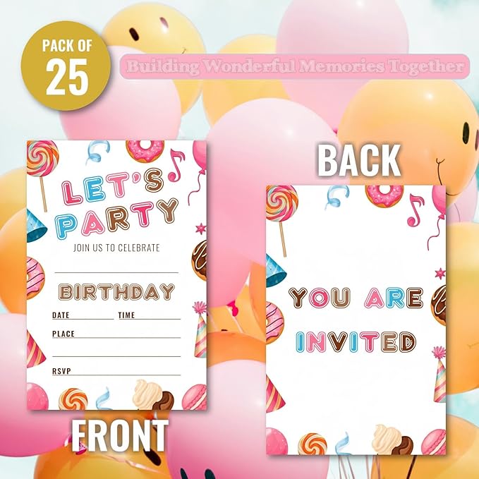 Sweet Candy Birthday Party Invitations, Let's Party Candyland Invites with Envelopes, 25 Pcs 4x6 Inch, Candy Donut Balloons Macarons, Childlike Bright Colors (Colorful Pattern)