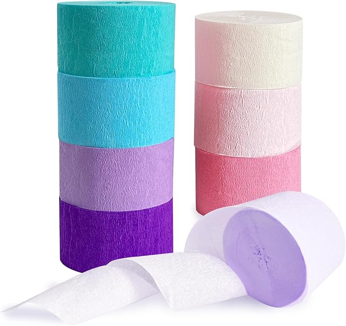 Pastel Crepe Paper Streamers 8 Rolls 656ft Party Streamers for Mermaid, Baby Shower, Under The Sea Party Decorations for Girls