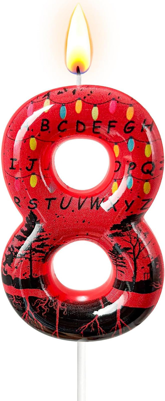 Red Number 8 Birthday Candle for Cake – Dark Horror Style with Alphabet Print & Shadow Design – Unique Cake Topper for Birthday, Anniversary, Themed Party Decoration