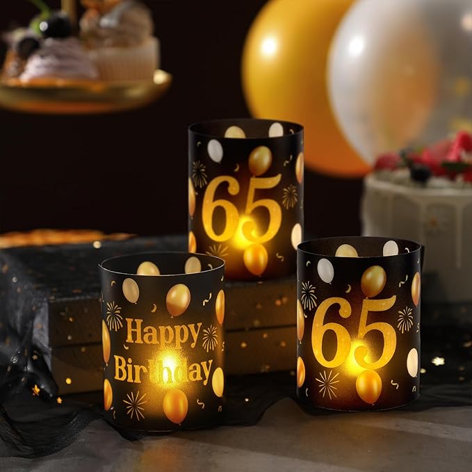 10 Sets 65th Happy Birthday Centerpieces for Table Black and Gold Birthday Decorations Lantern Boxes with Tea Lights Candles Centerpieces for Men Women 65th Party Supplies