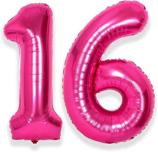 SUWEN 40 Inch Hot Pink Large 16 Number Balloons Big Foil Helium Number Balloons 0-9 Jumbo Happy 16th Mylar Birthday Party Decorations for Girl or Women 61 Anniversary Party Supplies