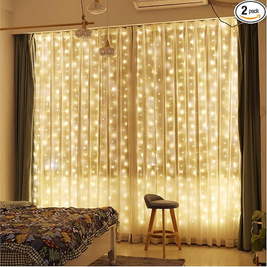 ZSJWL 2 Pack Curtain Lights, 300 LED Curtain Fairy Light with Remote, 8 Modes 9.8 × 9.8 Ft Twinkle String Lights, USB Plug in Copper Wire Lights for Bedroom Window Chrismas Wedding Party, Warm White
