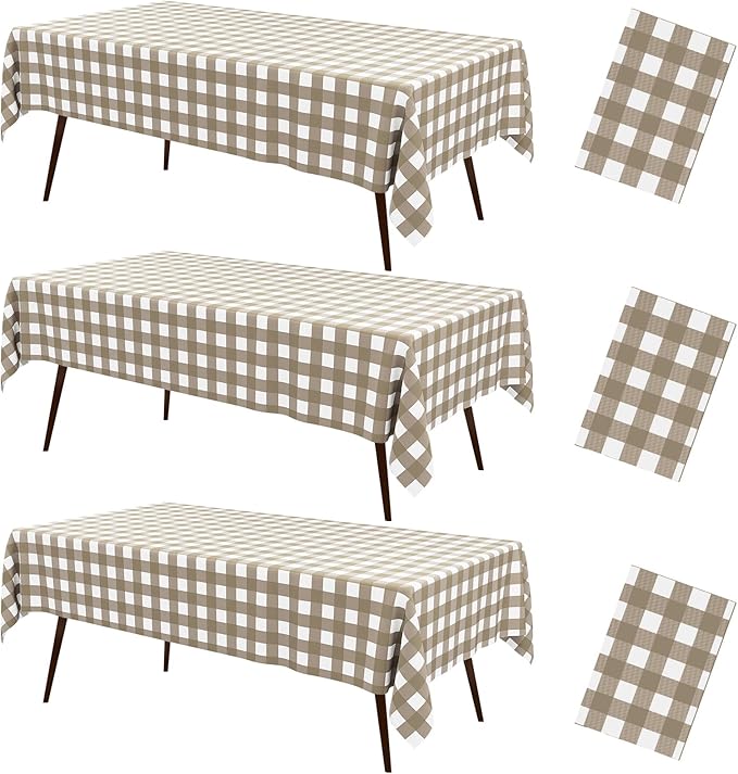 misaya 3 Packs Buffalo Disposable Table Cloth, 54 x 108 Inch Waterproof Plastic Tablecloth, Rectangle Khaki and White Checkered Table Covers for Picnic, Birthday, Party