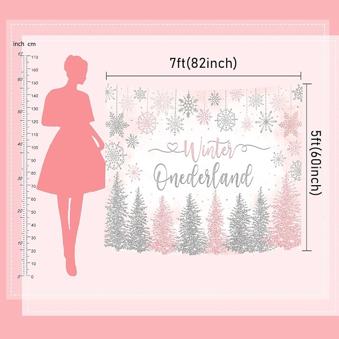 Mocsicka Winter Onederland Backdrop Winter Wonderland First 1st Birthday Party Decoration for Girl Pink Silver Snowflake Christmas Birthday Banner Photo Booth Props (Pink, 10x8ft(120''x96''))