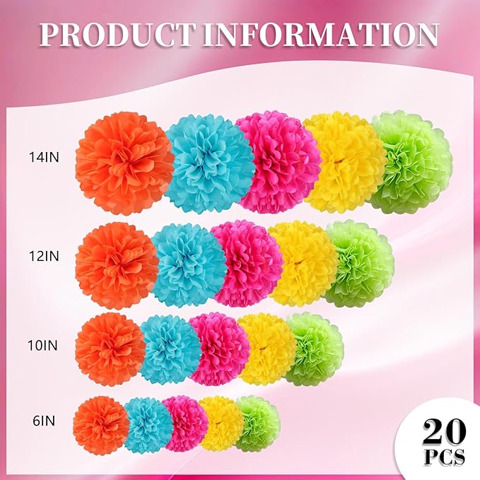 20 PCS Tissue Paper Pom Poms, Tissue Pom Poms Flowers, Sizes of 6", 10", 12", 14" Hanging Paper Flower Ball for Wedding, Birthday, Easter, Graduation Party Decor (Colorful)