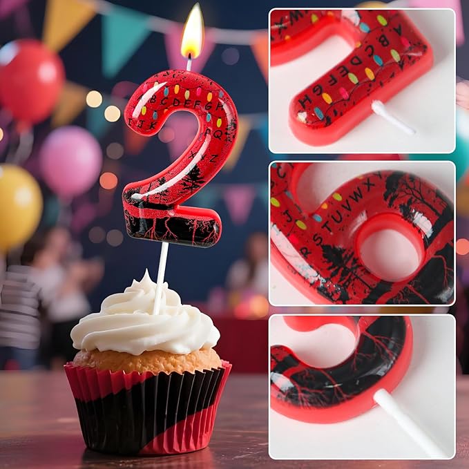 Red Number 2 Birthday Candle for Cake – Dark Horror Style with Alphabet Print & Shadow Design – Unique Cake Topper for Birthday, Anniversary, Themed Party Decoration