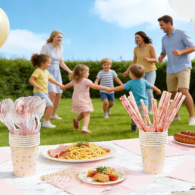 Party Supplies 402pcs Pink & Gold Plates and Napkins Sets - Disposable Dinnerware Sets for 50 Guests with Paper Plates Cups Straws Plastic Cutlery 2 Tablecloths - Bridal Shower Birthday Wedding