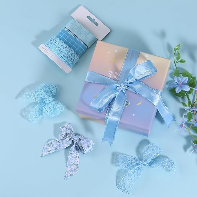 BEEFLYING 3 Styles Light Blue Wire Edged Ribbons for Gift Wrapping Decoration 25~28mm×2.7m Herringbone Ribbons Organza Ribbons for Wedding Party Hair Bows, Flower Designs Sewing & Craft, 9 Yards