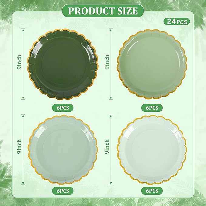 AimFun 24 Pcs Sage Green Scalloped Party Plates St Patricks Day Gold Foil Paper Plates Disposable 9inch Gradient Serving Plates for Birthday Wedding Bridal Baby Shower Party Supplies