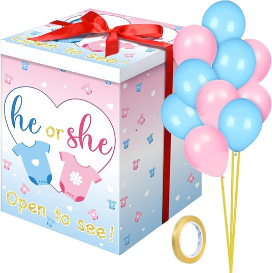 Hungdao Gender Reveal Balloon Box with Ribbon and 10 Pink and Blue Balloons Gender Reveal Games He or She Open to See for Party Decoration 12"x12"x16"(Cloth)