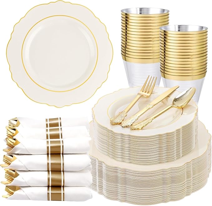 Liacere 350PCS Ivory Plastic Plates-Cream Disposable Plates With Gold Rim-50Guest Baroque Plastic Dinnerware include 100 Plates - 50 Pack Pre Rolled Napkins Silverware 50Cups for Wedding＆Mother's Day