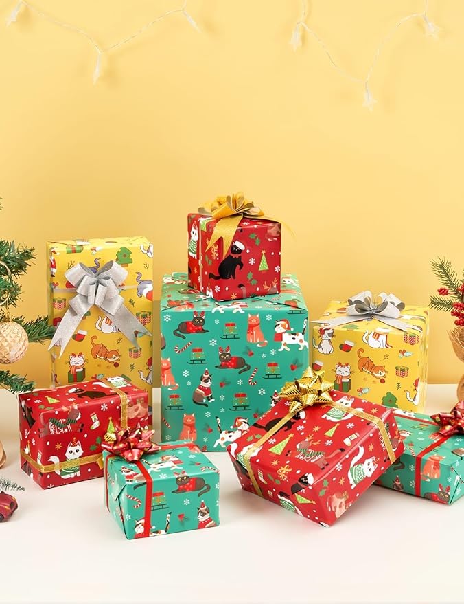 WERNNSAI Cat Christmas Wrapping Paper Rolls - 3 Rolls 17” x 120” Kids Cat Christmas Wrapping Paper Medium Roll Set Funny Kitten Christmas Wrapping paper Xmas Rolls Party Gift Decoration, for Girls/Boys