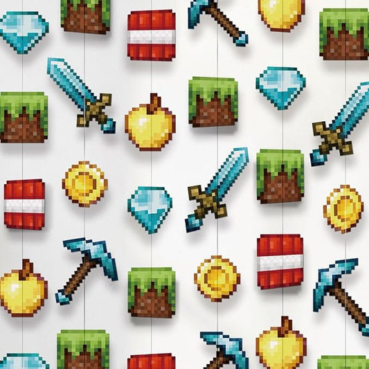 Cheerland Pixel Party Birthday Decorations Gaming Themed Wall Banner Hanging Miner Garland Streamers Photo Backdrop Room Decor Block Mine Cube Craft Ceiling Theme Bedroom Decoration Supplies NO DIY