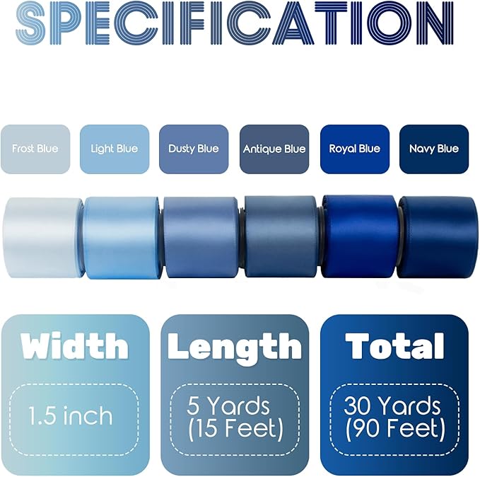 Blue Ribbon 1-1/2 Inch Assorted Royal/Navy/Light/Mist/Antique/Dusty Blue Double Faced Satin Ribbon Set for Gift Wrapping, Flower Bouquet, Wedding Invitation, Baby Shower Decor, Hair Bows & Crafts