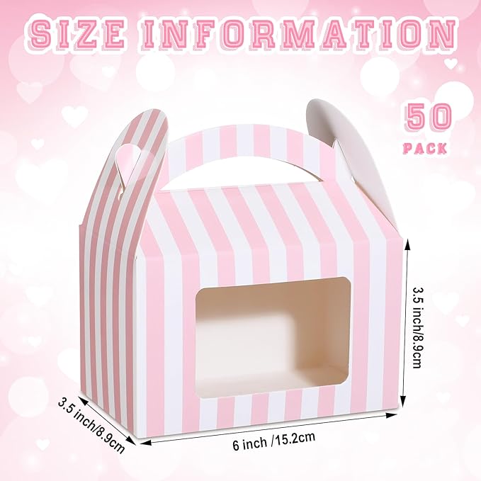 Mooliwe 50 Pcs 6 x 3.5 x 3.5 Inch Pink and White Striped Gable Boxes for Valentines Party Favors Bulk Pink Small Paper Treat Goodie Gifts Box with Clear Window Handle for Baby Shower Birthday Wedding