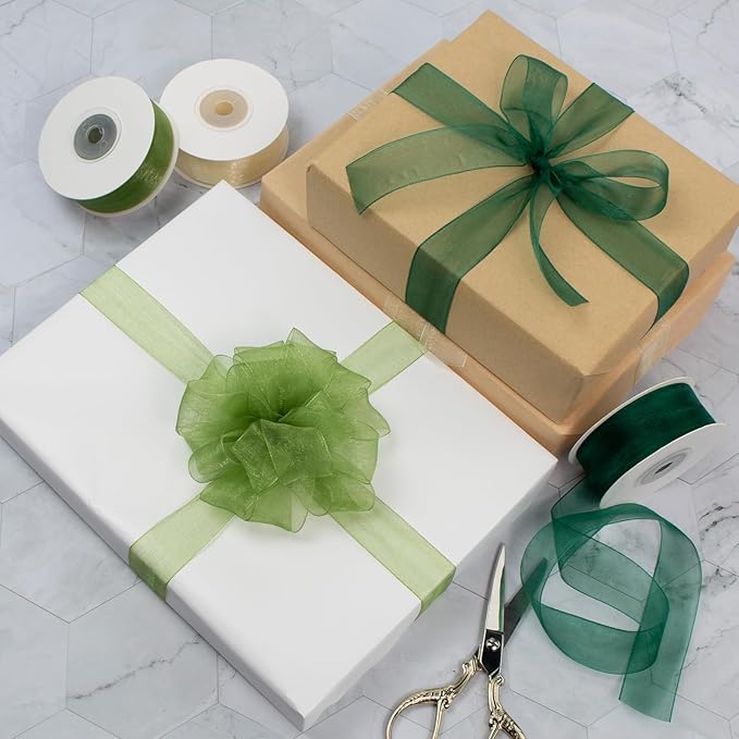 Sheer Organza Ribbon - Cream & Emerald Green, 1 Inch x 75 Yds - Clear Tulle for Gift Wrapping, Wedding, Christmas, Flowers & Crafts