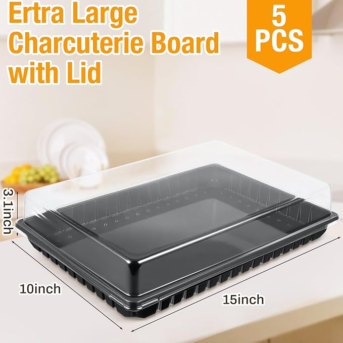Shellwei 5 Pack Extra Large Charcuterie Board with Lids, 15 x 10 Inch Plastic Catering Trays for Cookies, Desserts, Candy, Reusable Serving Platters for Travel Party