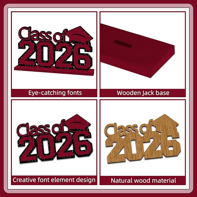 4Pcs Maroon and Black Graduation Decorations Class of 2026 Congrats Grad Wooden Table Centerpieces Grad Table Toppers Congratulate Tiered Tray Decor for 2026 Graduation Decorations